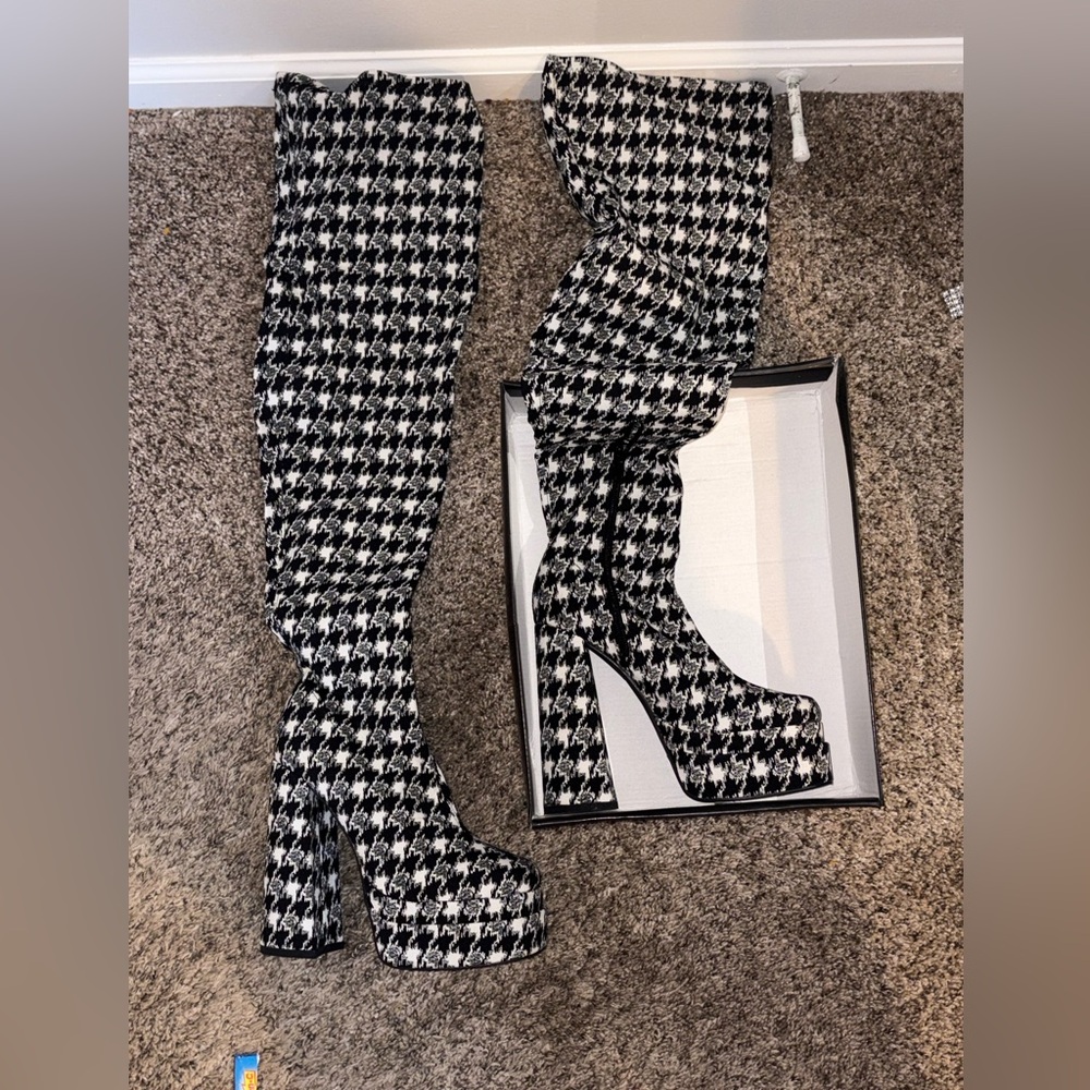 Fashion Nova Black & White Houndstooth Over-the-Knee Platform Boots